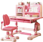 Kids Desk and Chair Set Toddler Desk Art Table for Kids School Desk Height Adjustable Kids Drawing Table with Sitting Corrector, Ergonomic Desk Chair with Book Stand, Foot Pedal Pink