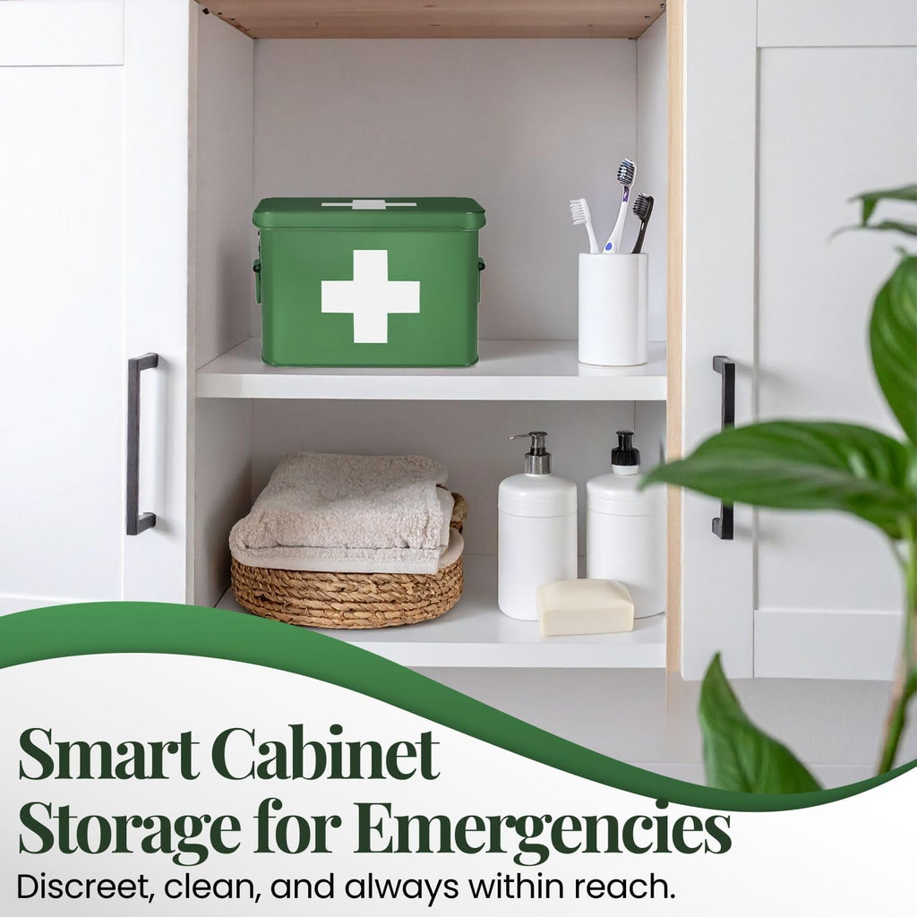 Flexzion Medicine Box, Home Pharmacy Box, 33 x 21 x 19 cm, Metal Medication Storage for Emergency, First Aid Cabinet, with Side Handles, Removable Tray & 5 Compartments, Green