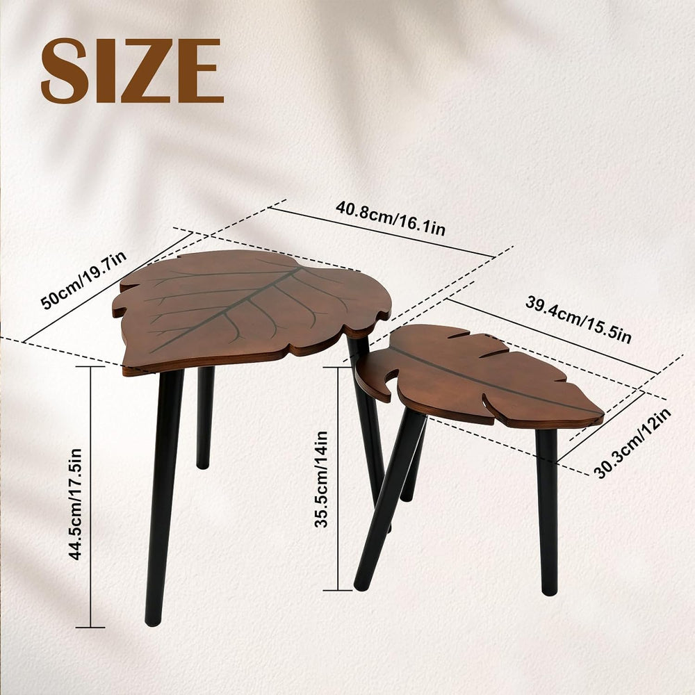 Nesting Coffee Table Set of 2, Monstera Leaf Wooden Side Table | Stacking Min...