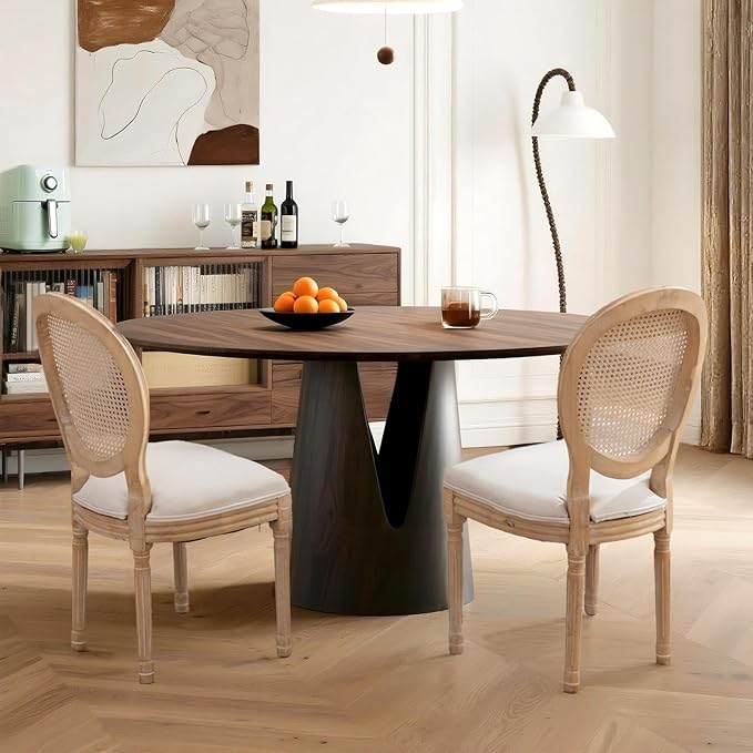 French Country Dining Chairs Set of 4,Farmhouse Upholstered Dining Room Chairs with Round Back and Solid Leg,Rattan Kitchen Chairs for Kitchen/Bedroom/Dining Room,Beige