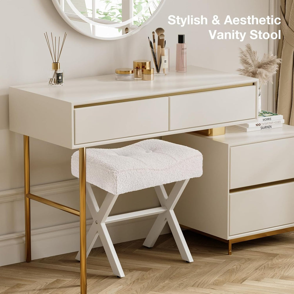 18-Inch Vanity Stool Chair, White Padded Saddle Makeup Stool