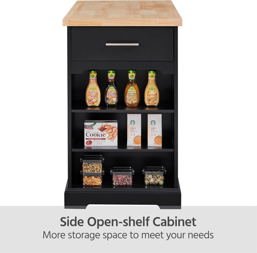 Yaheetech Kitchen Island on Hidden Wheels, Rolling Kitchen Cart with Thicker Rubberwood Top & 3 Drawers & Open Shelves, Storage Cabinet with Adjustable Shelves for Dining Room, 46″L × 22″W, Black | Mobile Kitchen Island with Storage on Wheels with