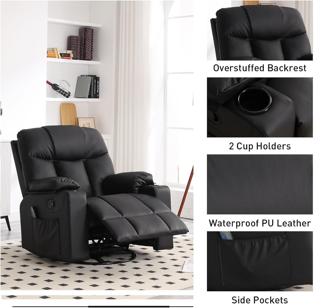 Bonzy Home Oversized Swivel Rocker Recliner, Rocking Recliner Chair, Black