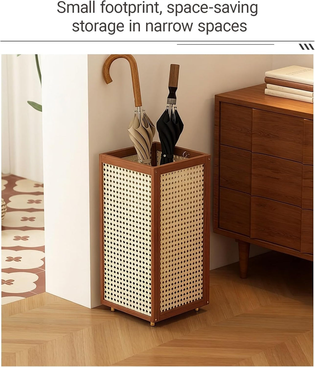 Large Capacity Bamboo and rattan weaving Umbrella Holder Commercial Umbrella Stand Racks with Removable Drip Tray for Home Corridor Entrance(Brown)