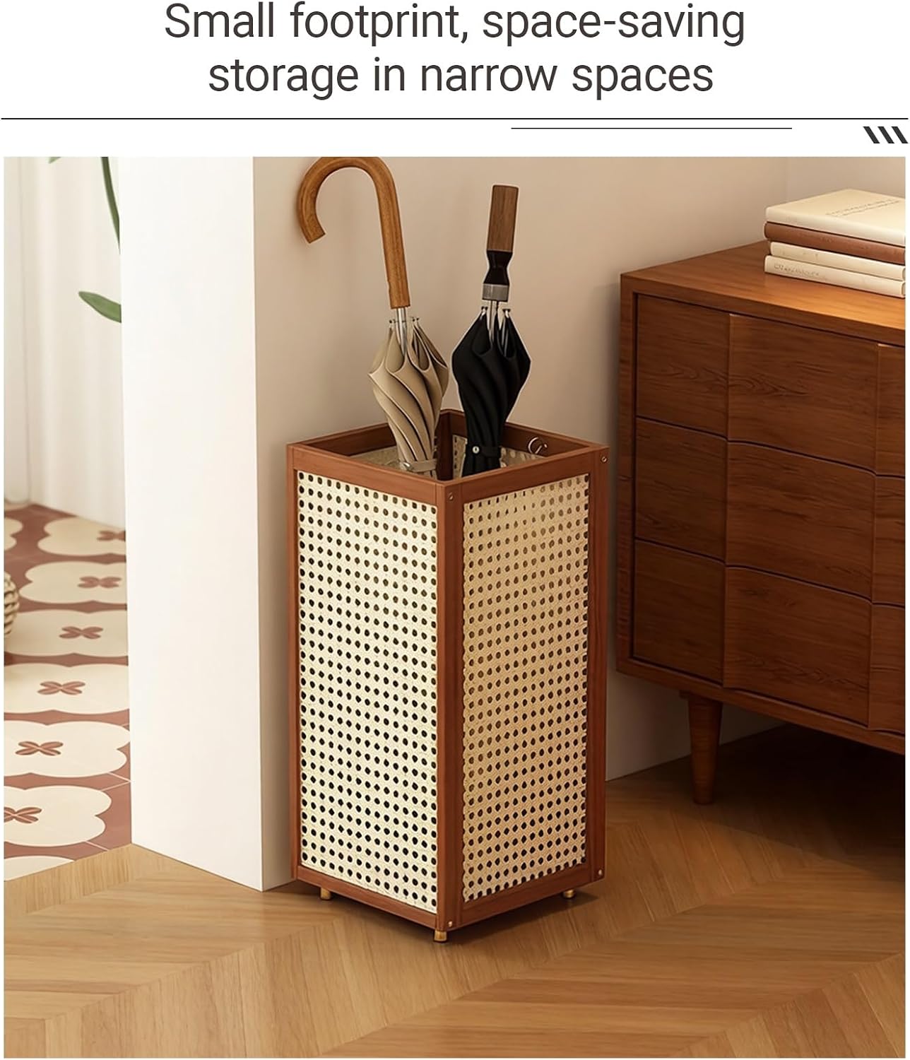 Large Capacity Bamboo and rattan weaving Umbrella Holder Commercial Umbrella Stand Racks with Removable Drip Tray for Home Corridor Entrance(Brown)