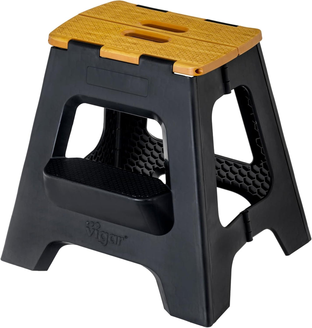 Vigar Compact Folding Step Stool, 16 in 2 Step, Black Bamboo Print | 16 in Fo...
