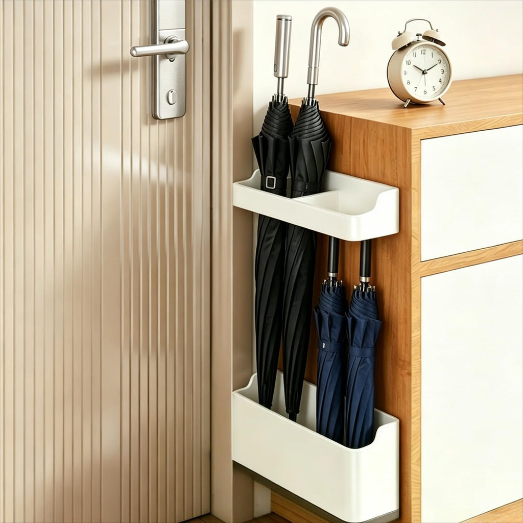 White Umbrella Racks, 1 Set Compact Space-Saving Storage for Long Stick & Foldable Umbrellas, No-Drill Wall Mount Water Draining Organizer, Height Adjustable Holder, Indoor Home Entryway & Office Use