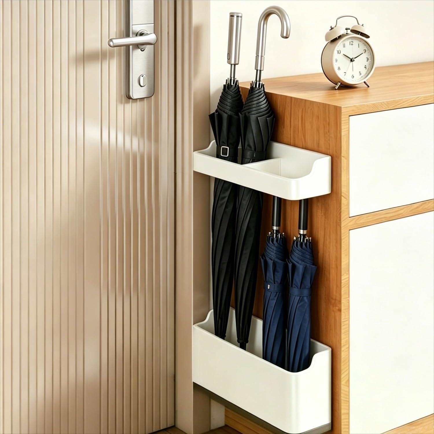 White Umbrella Racks, 1 Set Compact Space-Saving Storage for Long Stick & Foldable Umbrellas, No-Drill Wall Mount Water Draining Organizer, Height Adjustable Holder, Indoor Home Entryway & Office Use