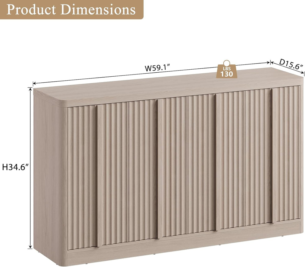 Fluted Buffet Cabinet with Storage, 120" Sideboard Buffet Storage Cabine...