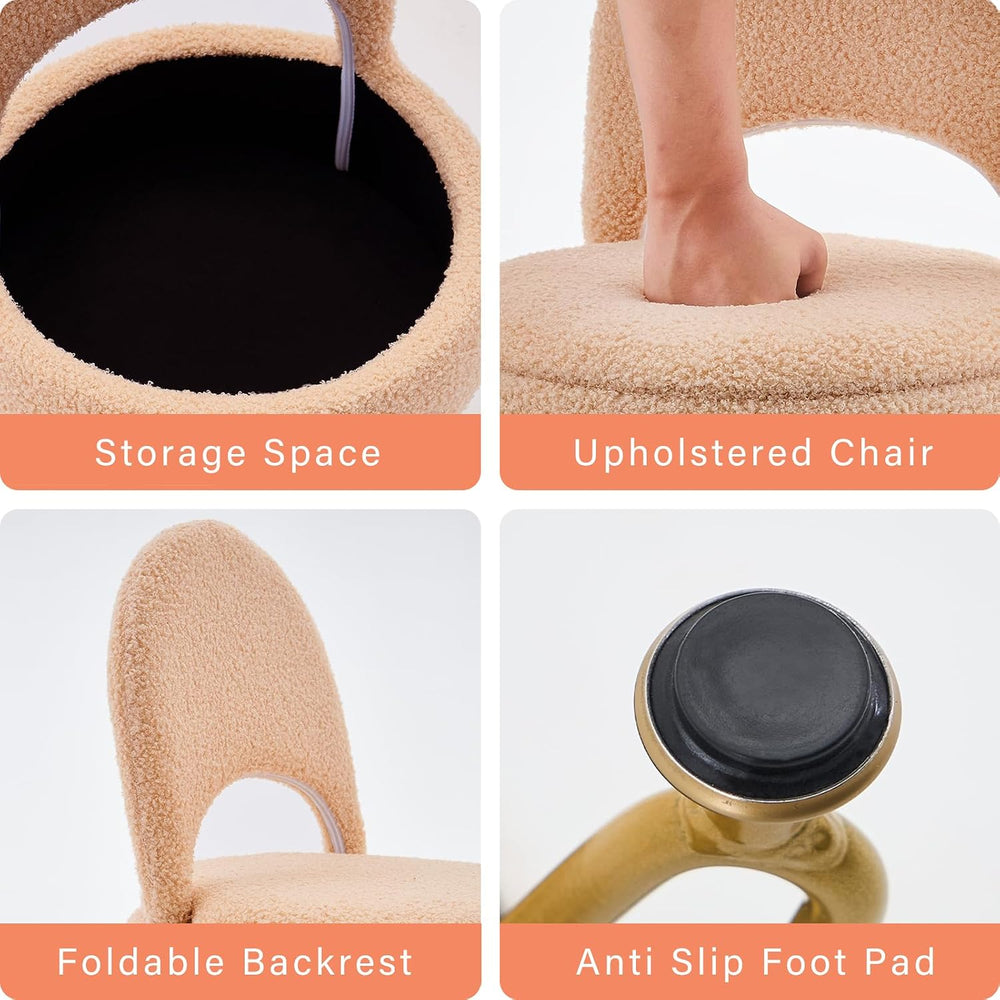 Vanity Stool Chair with Storage and Folding Back, Round Ottoman, Multifunctio...
