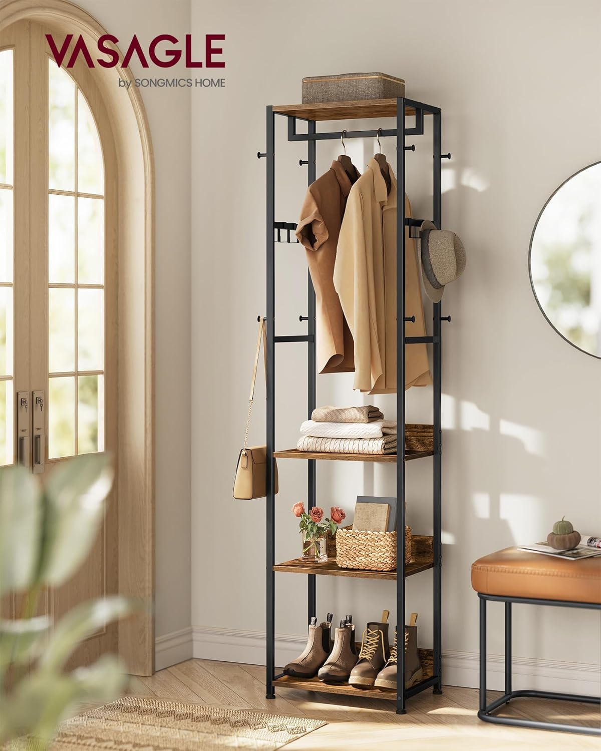 VASAGLE Coat Rack, Freestanding Hall Tree with Shelves, Hanging Rail, and Hooks, Space-Saving Coat Stand, Steel Frame, for Clothing, Bags, Hats, Ink Black and Rustic Brown URCR061BD04