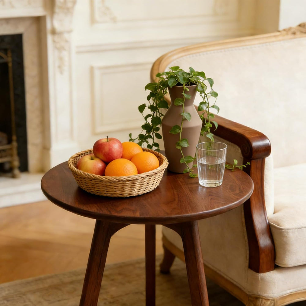 Walnut Small Round Side Table, Solid Oak Wood End Table with 3-Leg Design for...
