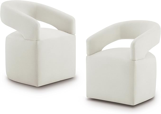 Upholstered Dining Chairs with Removable Casters Barrel Side Armchair with Rollers for Diningroom Bedroom Livingroom Reading Room, Ivory, Set of 2