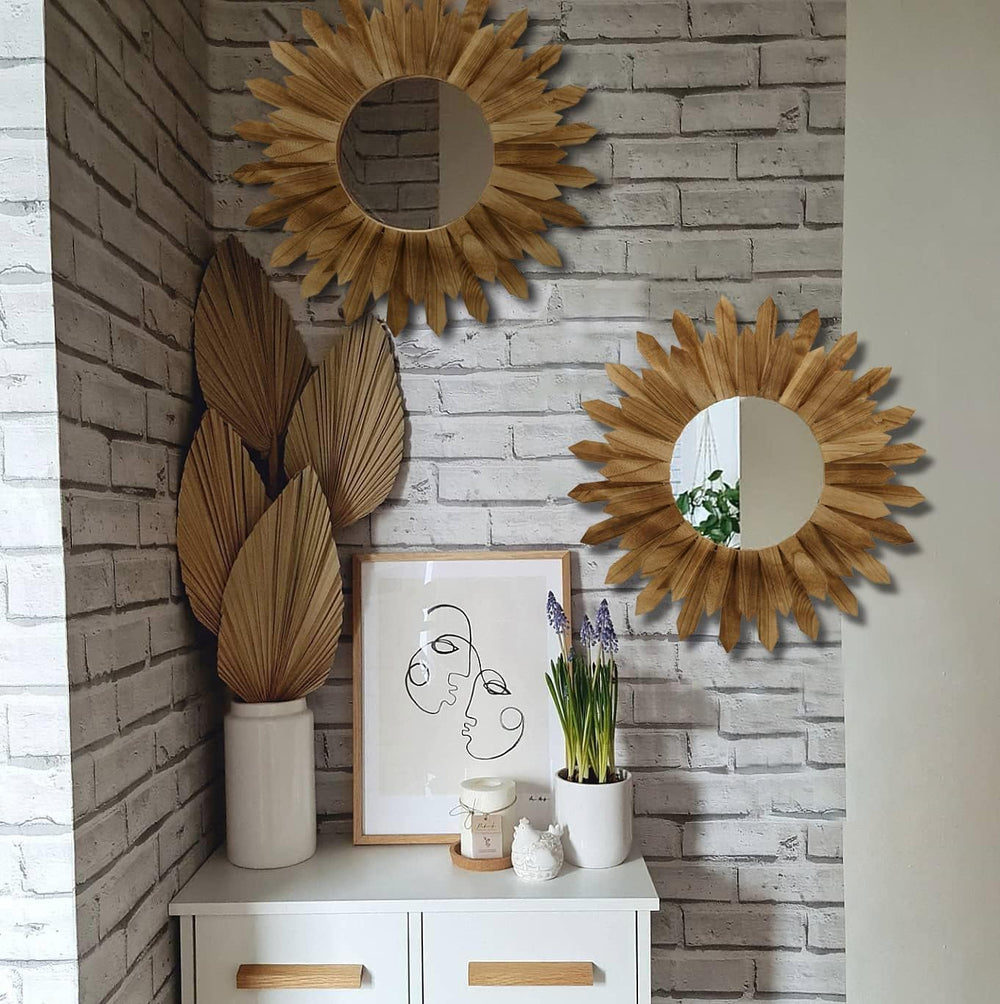 LOSOUR 2 Pack 22 Inch Boho Wall Sunburst Mirror Rustic Round Wood Decorative ...