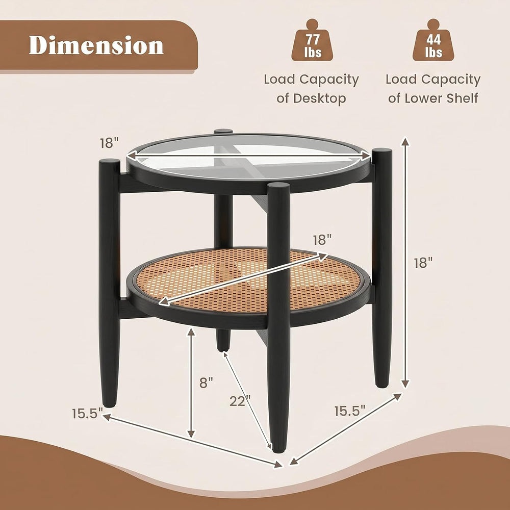 Giantex Rattan Round End Table, Boho Nightstand with Tempered Glass Top &...