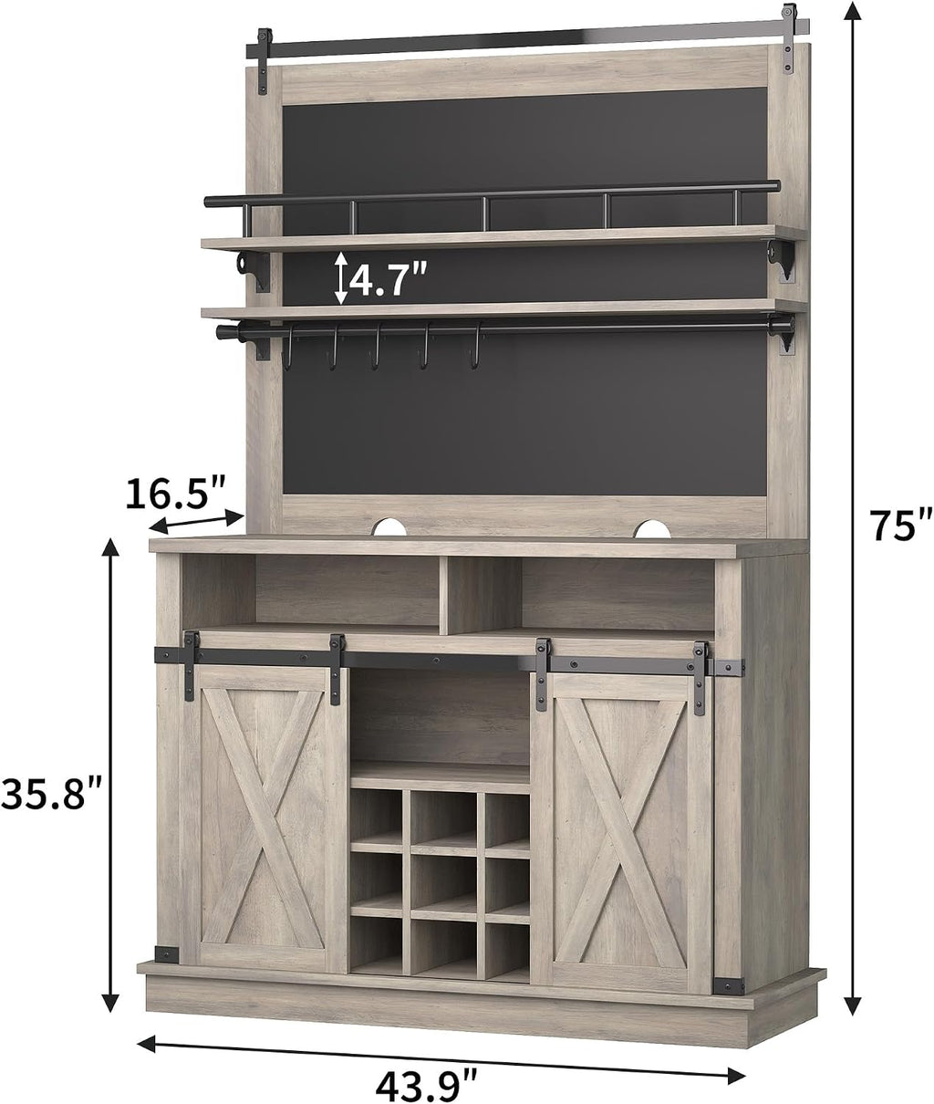 GarveeHome Bar Cabinet 75 in Tall Coffee Hutch Large Kitchens Hutch Farmhouse Coffee Bar Cabinet Cupboard with Sliding Barn Door (Gray)