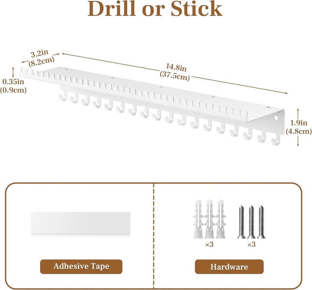 Necklace Holder Wall Hanging Organizer: Wall Mounted Jewelry Shelf with 56 Hooks and Tray, Display Hanger for Kids, Girls and Women, White & Metal