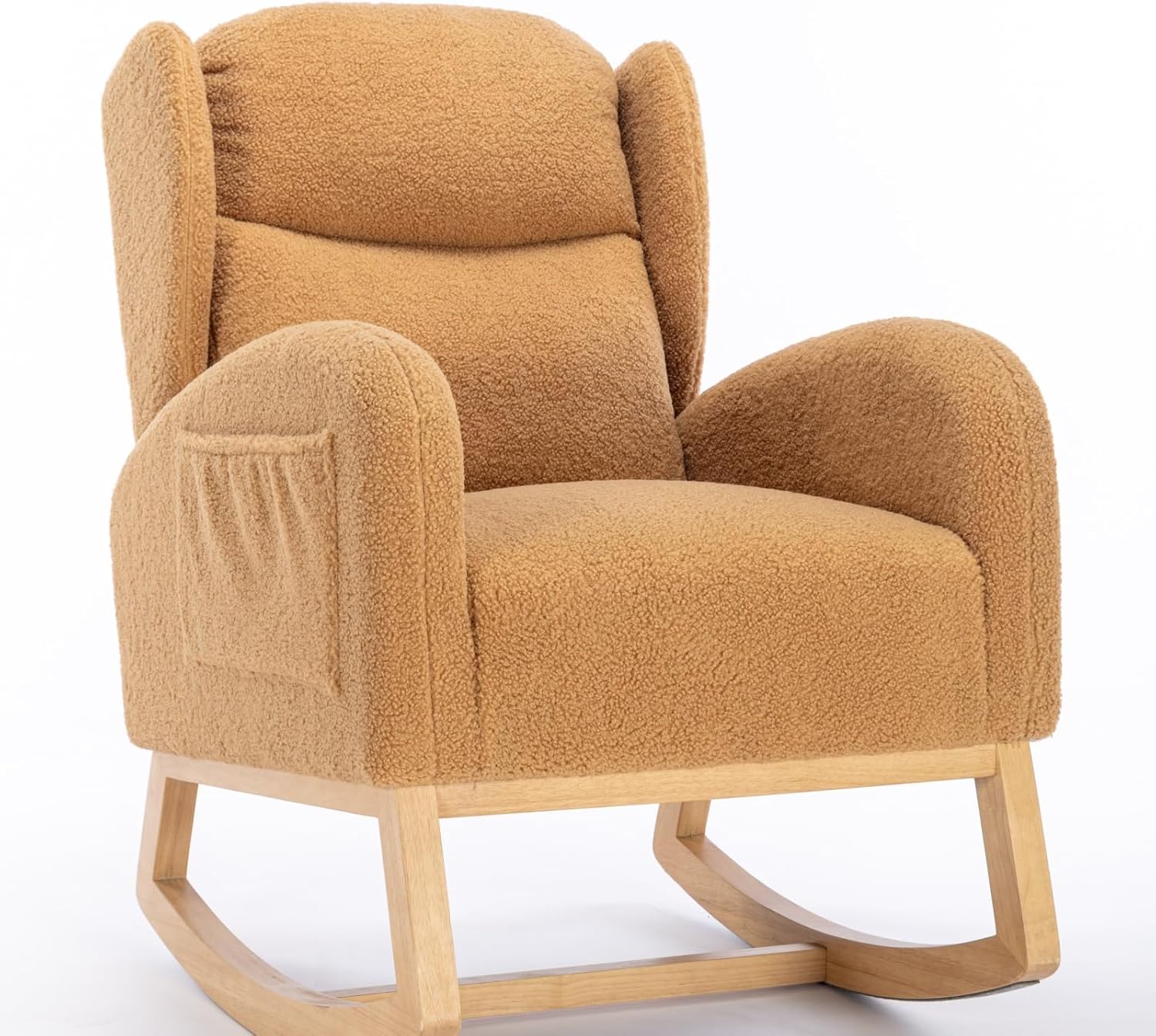 Khaki Teddy Fabric Rocking Chair with Solid Wood Legs