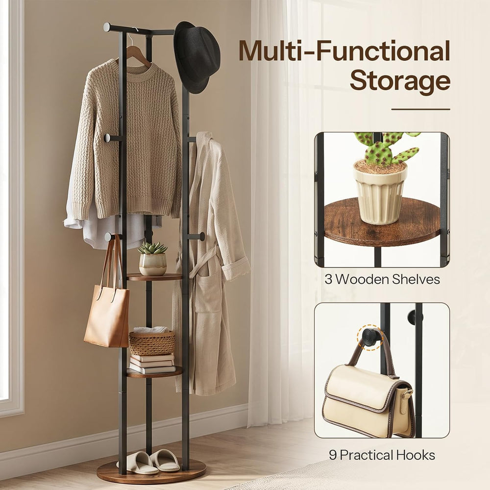 HOOBRO Coat Rack Freestanding, Coat Tree with 9 Hooks and 3 Storage Shelves