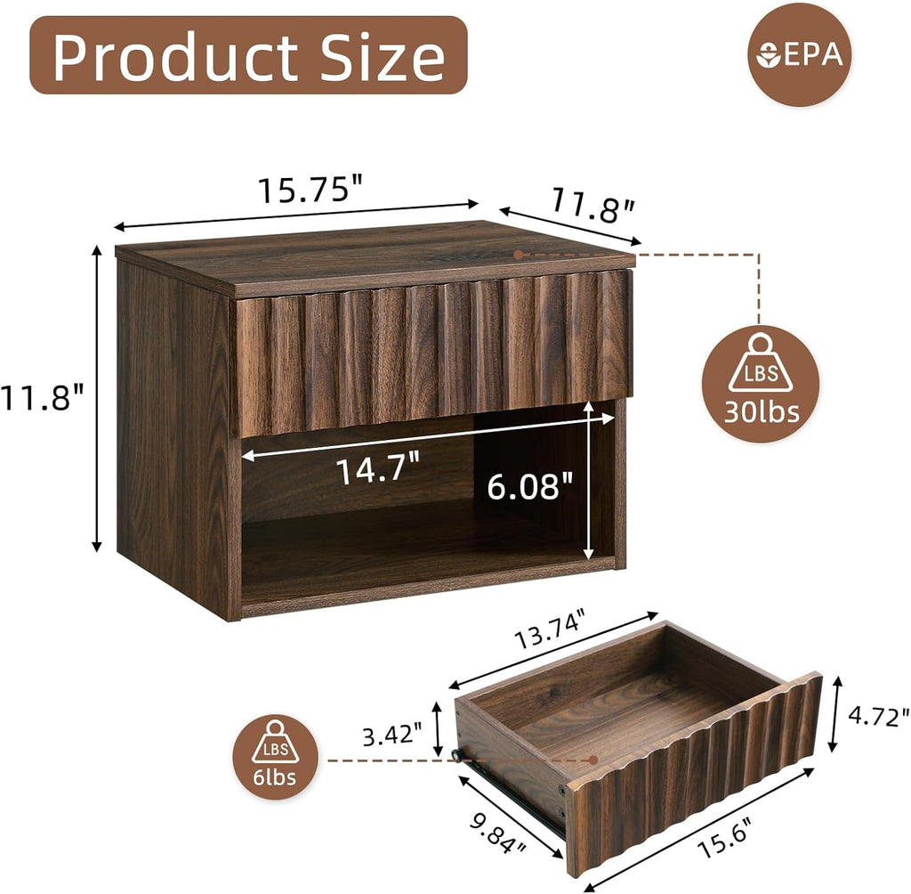 Floating Nightstand with Fluted Drawer - Modern Wall Mounted Bedside Table with Open Storage Shelf, Small Night Stand TV Stand for Bedroom(Walnut, Set of 2)