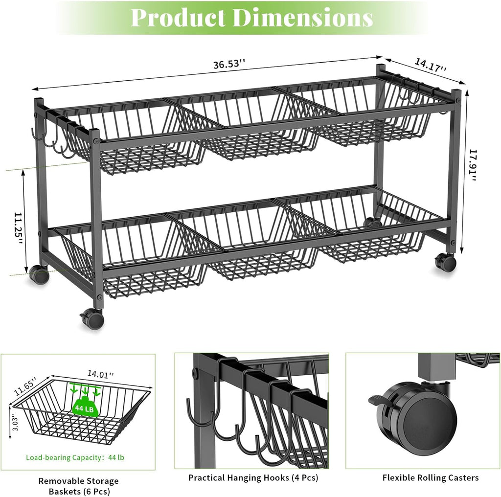 2-Tier Rolling Pantry Cart on Wheels with 6 Removable Baskets, Sturdy Pantry Floor Organizer and Storage, Kitchen Storage Cart for Fruit Vegetables, Snack Organizer for Pantry Kitchen Living Room