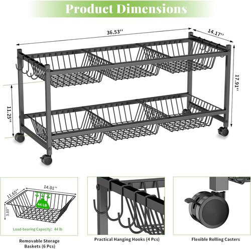 2-Tier Rolling Pantry Cart on Wheels with 6 Removable Baskets, Sturdy Pantry Floor Organizer and Storage, Kitchen Storage Cart for Fruit Vegetables, Snack Organizer for Pantry Kitchen Living Room