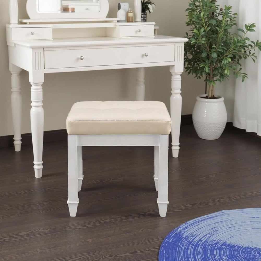 Solid Wood Vanity Bench Stool, Small Vintage Ottoman Foot Stool with Off-Whit...
