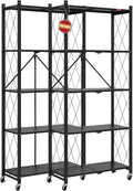 DEANIC 5 Tier Foldable Storage Shelves with Wheels, Large Capacity Shelving Unit, Freestanding Metal Wire Shelf Rack, No Assembly Organizer Rack for Garage Kitchen, Basement, Pantry(Black Pack of 2)