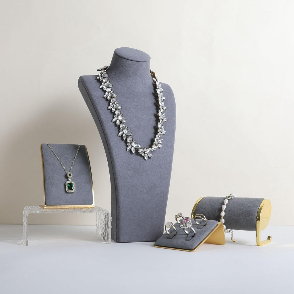 GemeShou Grey necklace storage organizer for sale, Velvet necklace holder stand, jewelry bust display stands, Jewelry Mannequin for Countertop, Showcase【Grey-Large height 12.4 inch】