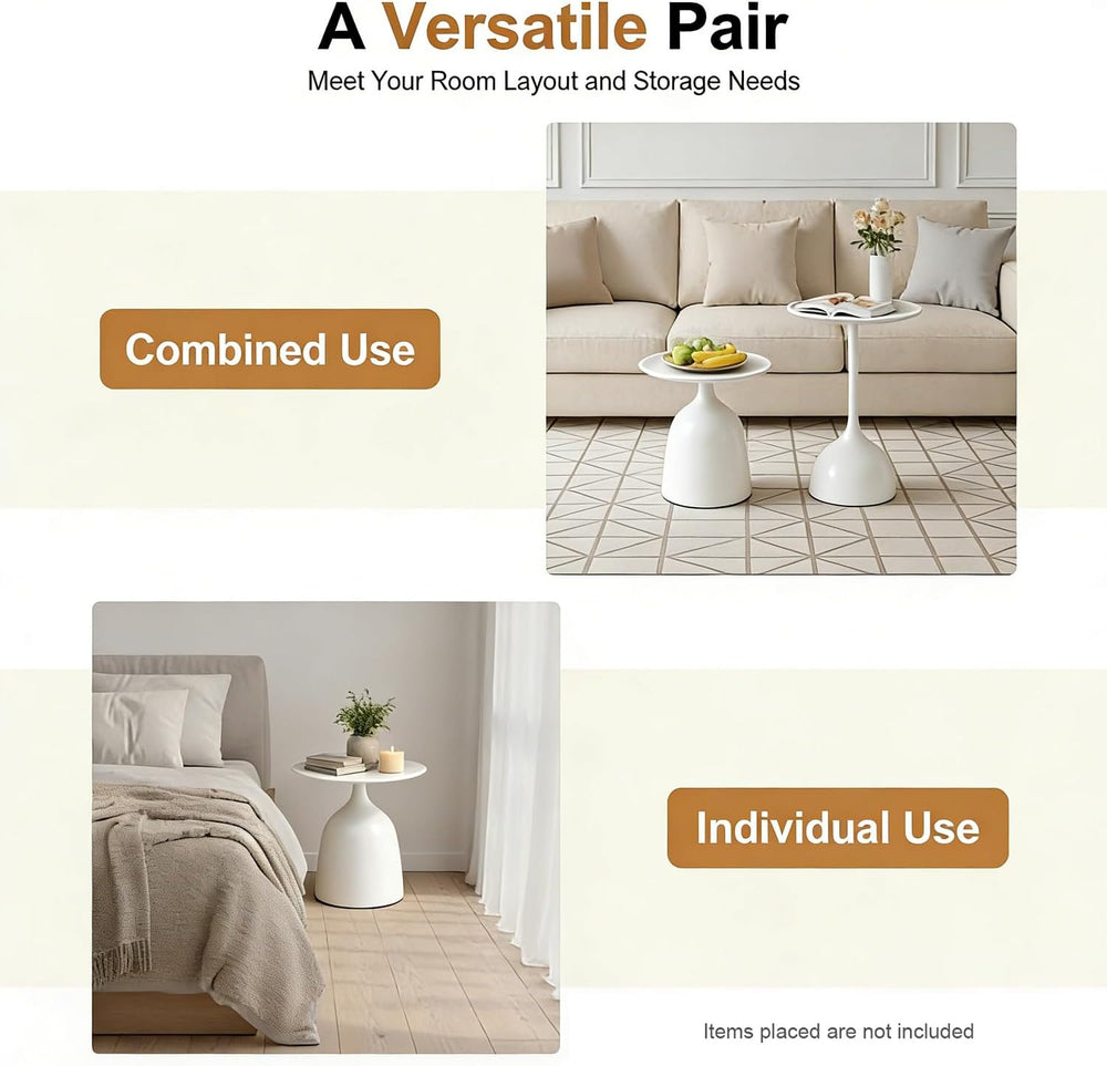 Modern Round Side Table Set of 2, Metal Nesting End Tables White/Black Minima...