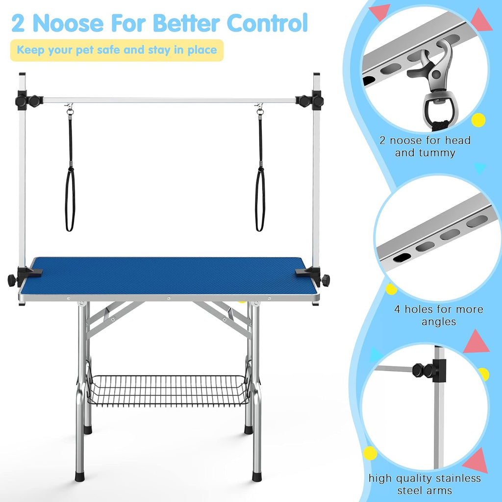 Lyromix 46''Large Dog Grooming Table, Adjustable Cat Drying Desktop with Arms, Nooses, Mesh Tray, Foldable Pet Station at Home, Maximum Capacity Up to 330Lb, 46inch, Blue