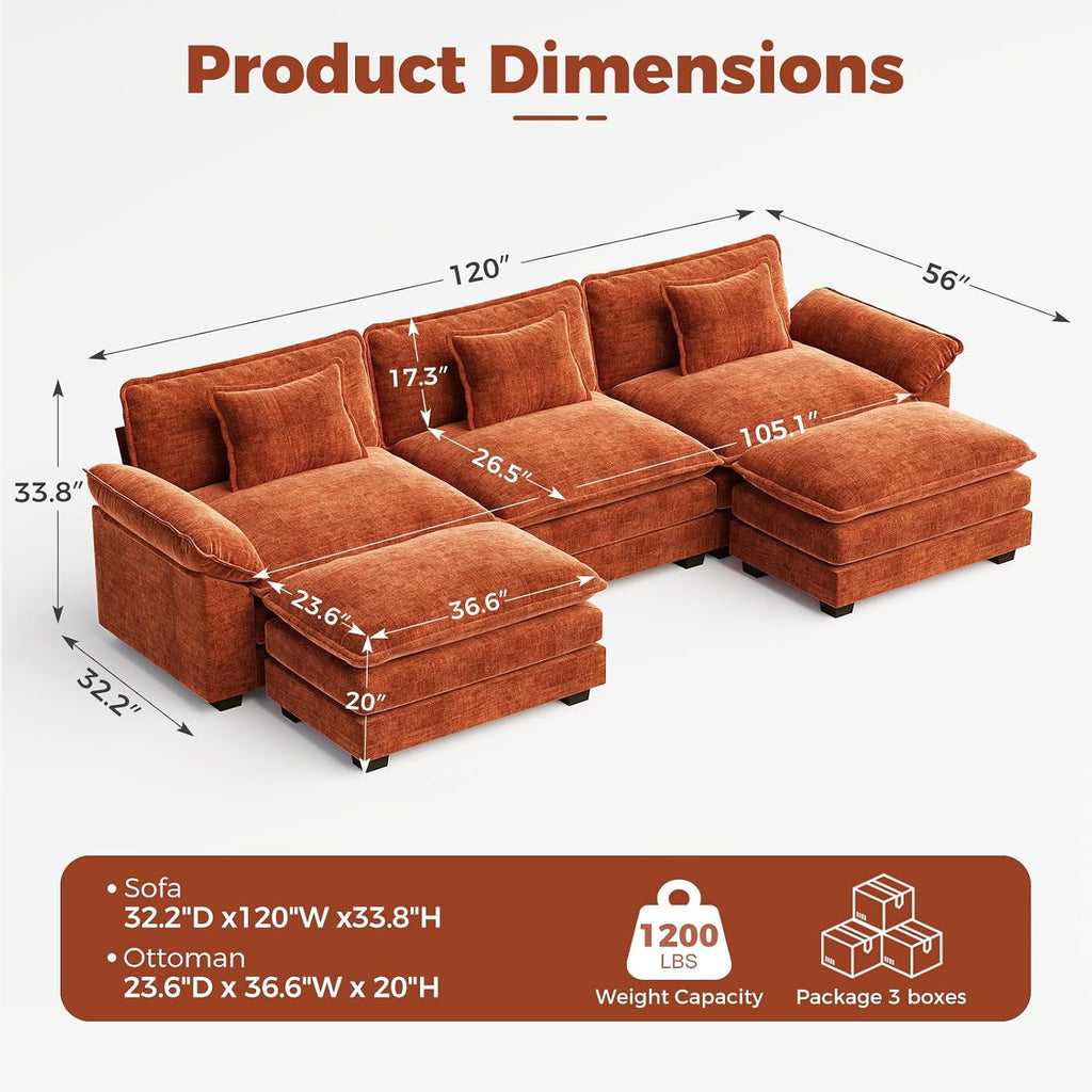 120" Oversized Modular Sectional Sofa, Comfy U-Shaped Cloud Couch w/ 2 Movable Ottoman, 5-Seater Chenille Deep Seat Modern Sofa Couch for Living Room, DIY Combination, Terracotta Orange