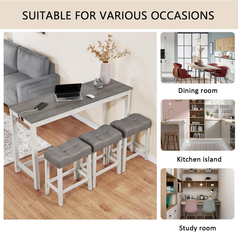 59'' Dining Bar Table and Chairs Set with Power Outlet, 4-Piece Indus...
