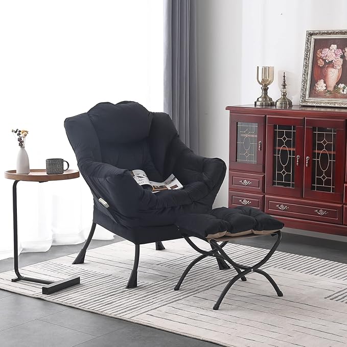 Welnow Lazy Chair with Ottoman, Modern Lounge Accent Chair with Armrests and a Side Pocket, Leisure Sofa Armchair, Reading Armchair with Footrest for Small Space, Black