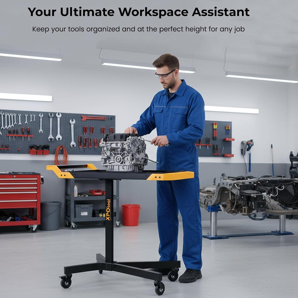 Adjustable Height Mobile Work Table, Rolling Tool Cart – Heavy-Duty Steel Service Stand for Mechanics, Garage, Workshop & DIY Projects – 34” to 48” Portable Workstation