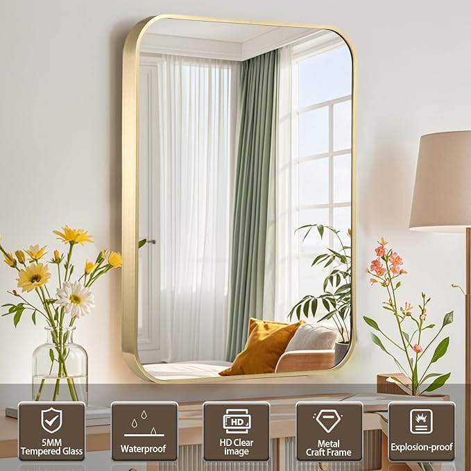Gold Bathroom Mirror, 24x36 Inch Brushed Gold Mirror, Aluminum Alloy Framed Vanity Mirror, Rounded Rectangle Mirror for Over Sink, Anti-Rust Wall Mirror (Horizontally or Vertically)