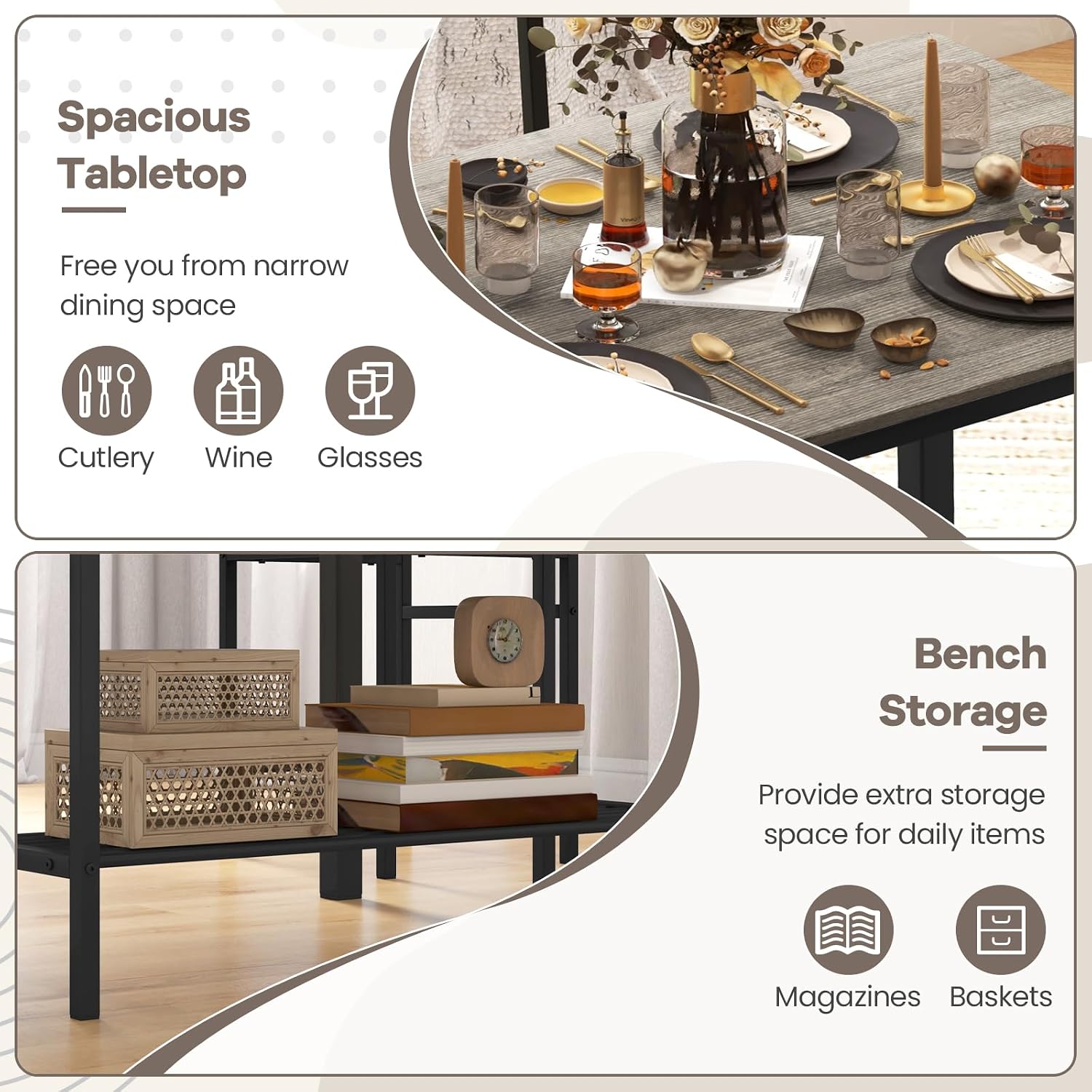NAFORT Kitchen Table Set for 4, Industrial Dining Table with 2 Chairs & Storage Bench, Rustic Wood & Metal 4-Piece Dining Set for Small Space, Apartment, Kitchen & Dining Room