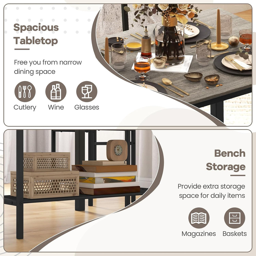 NAFORT Kitchen Table Set for 4, Industrial Dining Table with 2 Chairs & Storage Bench, Rustic Wood & Metal 4-Piece Dining Set for Small Space, Apartment, Kitchen & Dining Room