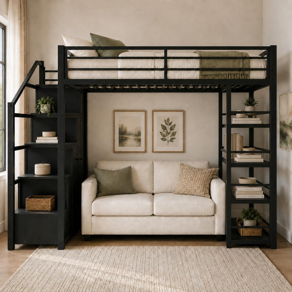 Merax Queen Size Metal Loft Bed with Wardrobe & Storage Staircase, 4-Tier Shelves, Full-Length Guardrails, 400 lbs Capacity, No Box Spring Needed Easy Assembly for Bedroom, Black