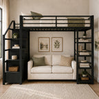 Merax Queen Size Metal Loft Bed with Wardrobe & Storage Staircase, 4-Tier Shelves, Full-Length Guardrails, 400 lbs Capacity, No Box Spring Needed Easy Assembly for Bedroom, Black