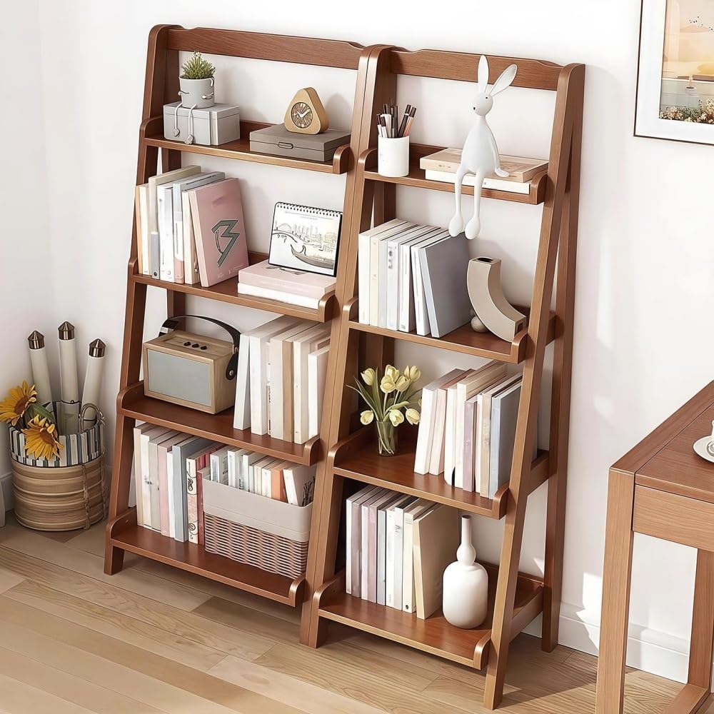 4-Tier Solid Wood Ladder Shelf, Space-Saving Leaning Bookshelf | Modern Multifunctional Storage Shelves for Living Room, Bedroom and Home Office Organization(Natural,44cm/17.3in)