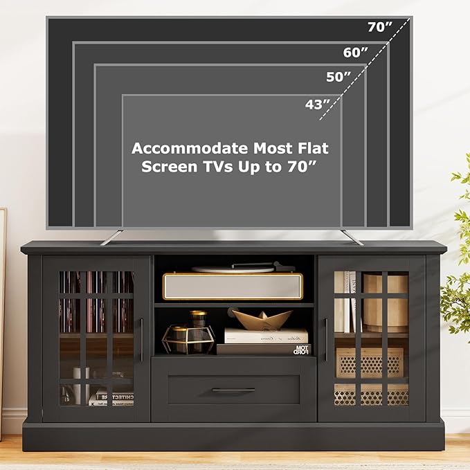 GOFLAME Farmhouse TV Stand for TVs up to 70", Entertainment Media Center Storage Cabinet with Glass Doors, Open Shelves & Drawer, Wooden Television Console Table for Living Room (Black)