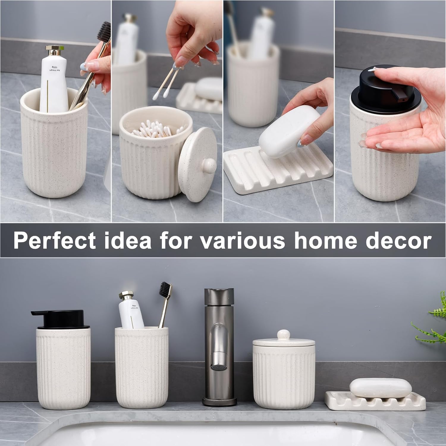 BosilunLife Ceramic Bathroom Accessories Set - Bathroom Counter Soap Set Beige Bathroom Decor Sets Accessories Bathroom Lotion Soap Dispenser and Toothbrush Holder Set, Soap Dish, Apothecary Jars