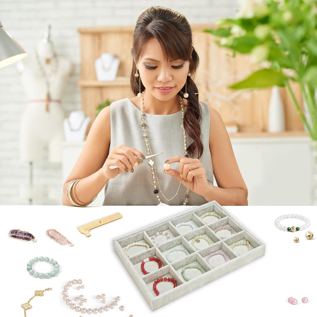 2pcs/Set Velvet Jewelry Tray, 12 Grids Large Storage Tray for Bracelet Bangle Beads Display, Jewellery Organizer Box Tray for Home Drawer or Shop Store Selling Show (Grey Velvet)