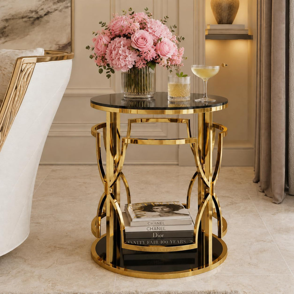 Merax 19.7" Round Gold Metal Side Table with Tempered Glass Top & 2-...