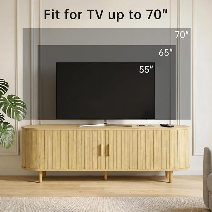 65" Mid Century Modern TV Stand, Wood TV Consoles with Sliding Doors and Power Outlet, Fluted Entertainment Center with Adjustable Shelves, Media Console for Living Room, Oak