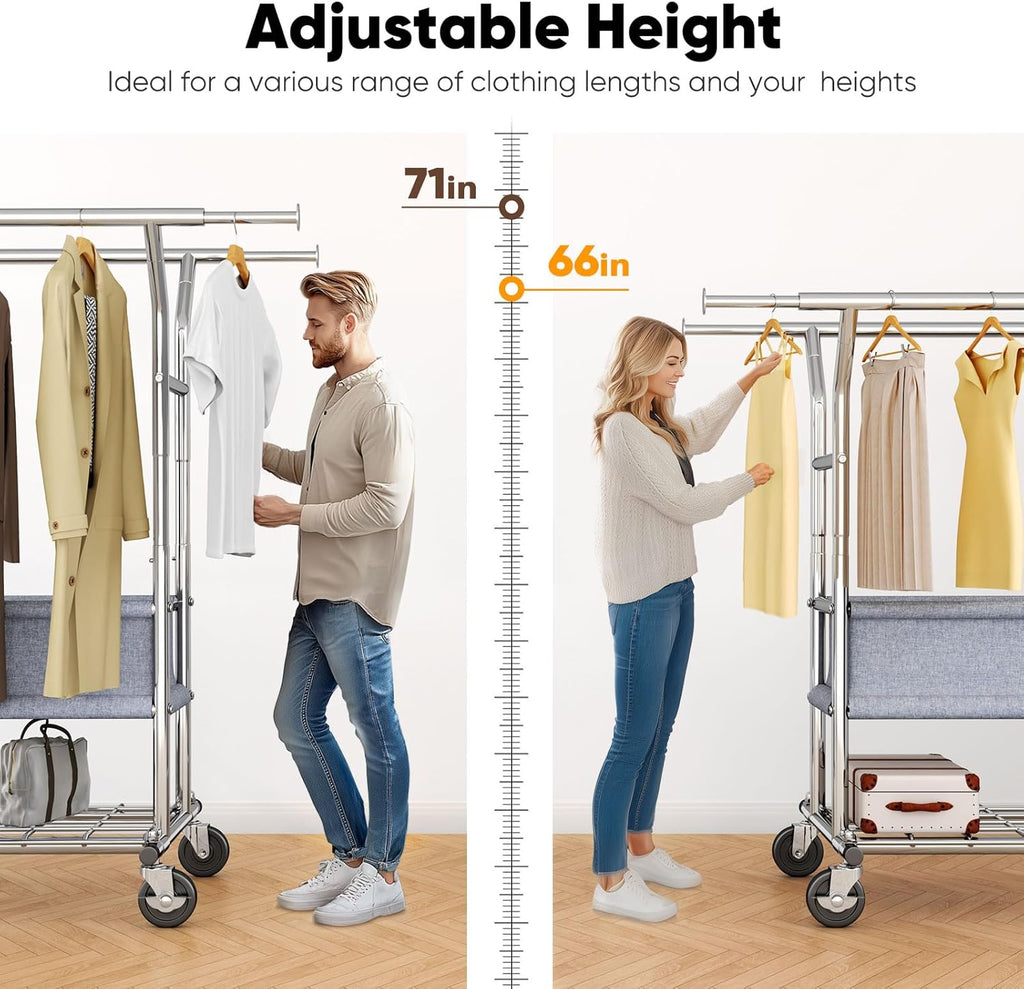 HOKEEPER Clothing Rack Heavy Duty Clothes Rack for Hanging Clothes Load 625LBS Extendable Double Rod Clothes Rack, Adjustable Rolling Garment Rack with Wheels, Basket & Shelves 71.2''W*23.6''D*68.5''H