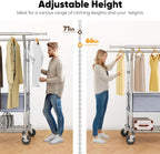 HOKEEPER Clothing Rack Heavy Duty Clothes Rack for Hanging Clothes Load 625LBS Extendable Double Rod Clothes Rack, Adjustable Rolling Garment Rack with Wheels, Basket & Shelves 71.2''W*23.6''D*68.5''H