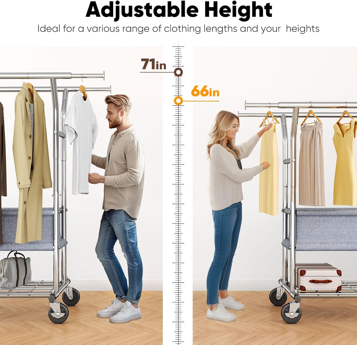 HOKEEPER Clothing Rack Heavy Duty Clothes Rack for Hanging Clothes Load 625LBS Extendable Double Rod Clothes Rack, Adjustable Rolling Garment Rack with Wheels, Basket & Shelves 71.2''W*23.6''D*68.5''H