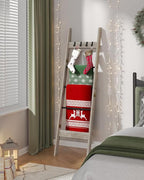 Blanket Ladder for Living Room, Decorative Quilt Rack with 4 Removable Hooks, 5-Tier Farmhouse Ladder Holder Shelf Organizer for Bedroom, Greige and Black BR02105B